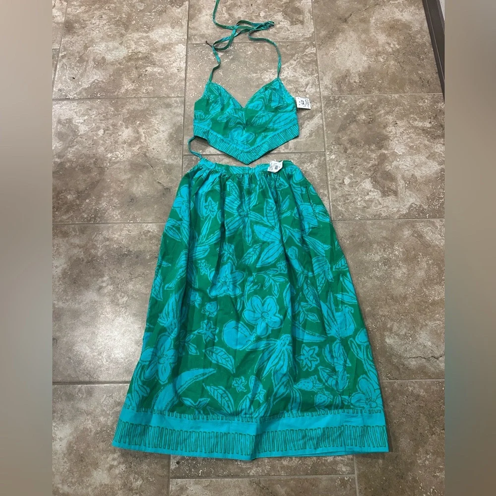 FREE PEOPLE 2 Piece Tropical Vaca Copa Cabana Smock Halter Top Skirt Set NWT XS - Picture 7 of 10